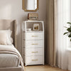 Tall dresser in white with 4 fabric drawers and metal frame, featuring open shelves for versatile bedroom storage.