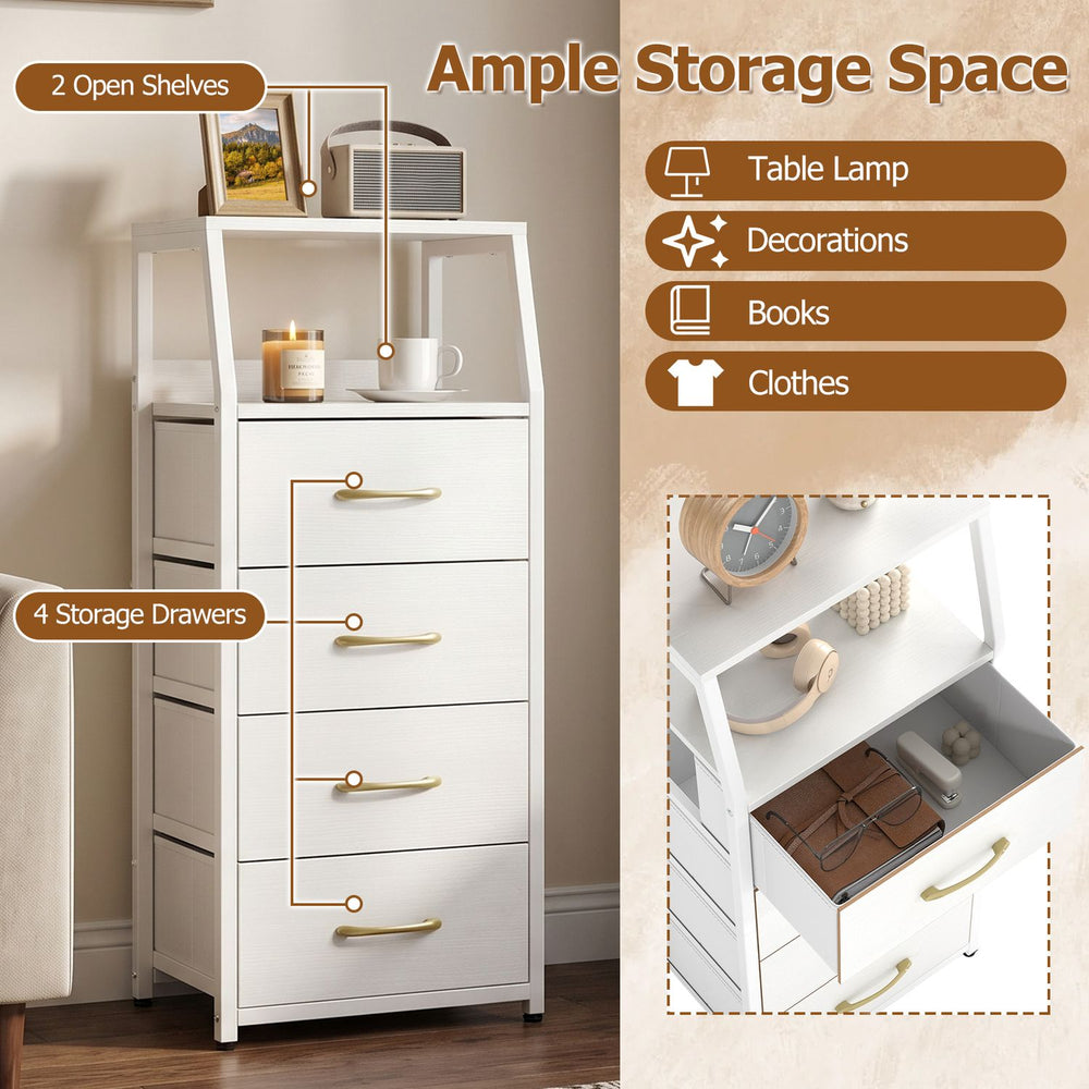 Tall dresser in white featuring 4 fabric drawers and 2 open shelves, ideal for storing clothes and decorations.