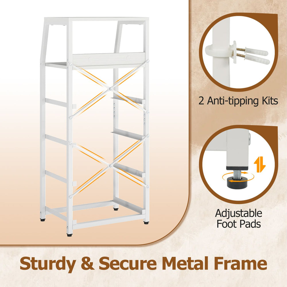 Tall dresser with 4 fabric drawers and metal frame, featuring adjustable foot pads and anti-tipping kits for stability.