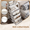 Tall dresser in white with 4 fabric drawers and metal frame, featuring open shelves for versatile storage in the bedroom.