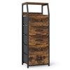 Tall dresser in rustic brown with 5 fabric drawers and 2 open shelves, perfect for bedroom organization and decor.