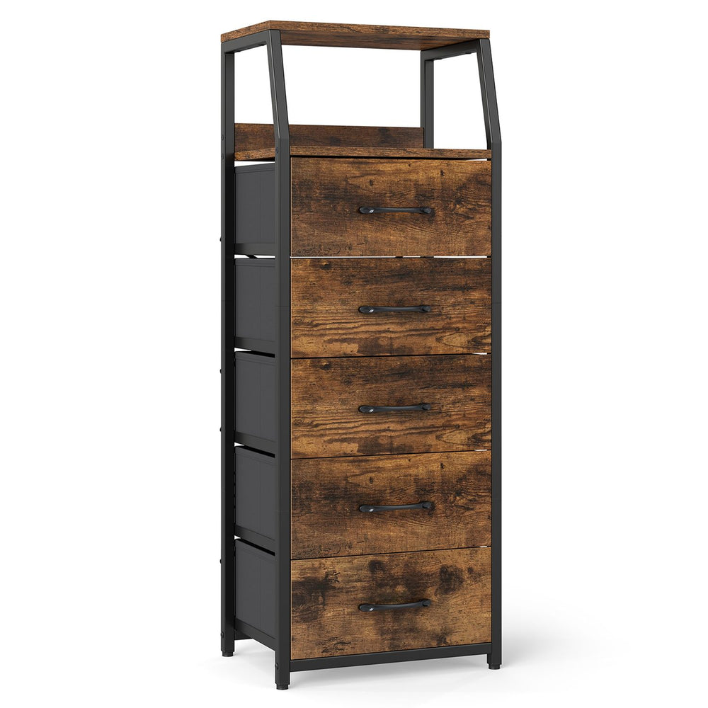Tall dresser in rustic brown with 5 fabric drawers and 2 open shelves, perfect for bedroom organization and decor.