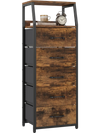 Tall dresser with 5 fabric drawers in rustic brown, featuring open shelves for decor and sturdy construction for stability.