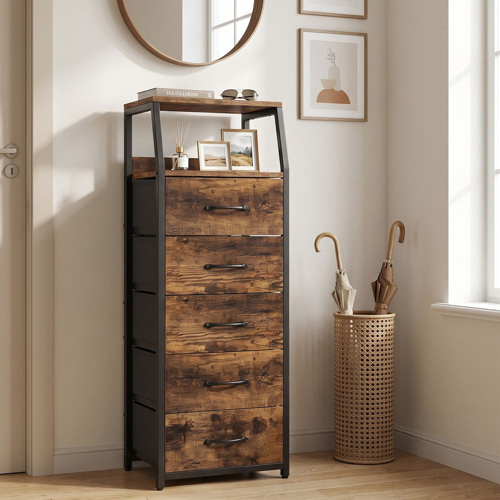 Tall dresser with 5 fabric drawers in rustic brown, featuring open shelves and a sturdy design for bedroom organization.