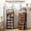 Narrow tall dresser in rustic brown features 5 fabric drawers and 2 open shelves for organized bedroom storage.