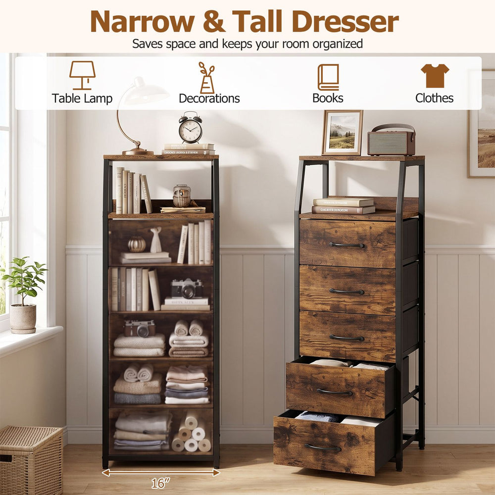 Narrow tall dresser in rustic brown features 5 fabric drawers and 2 open shelves for organized bedroom storage.
