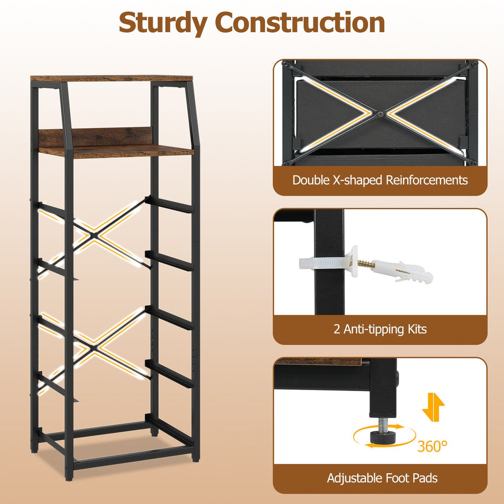 Tall dresser with 5 fabric drawers and 2 open shelves, featuring a rustic brown finish and sturdy double X-shaped reinforcements.