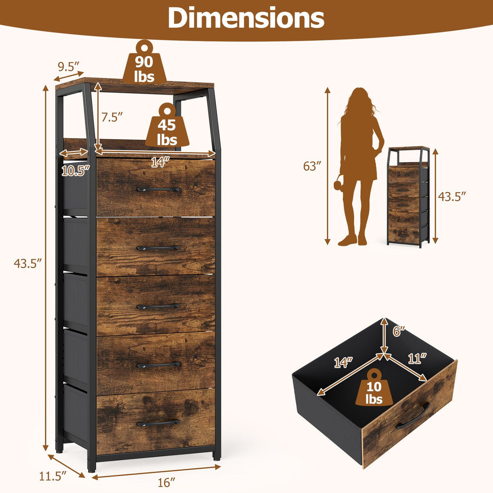 Tall dresser in rustic brown with 5 fabric drawers and 2 open shelves, perfect for organizing bedroom essentials.
