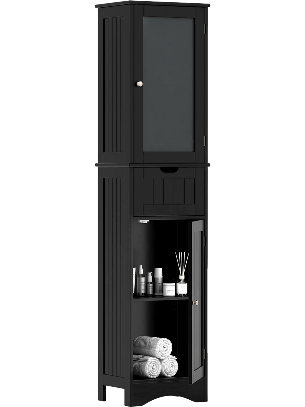 Tall black floor storage cabinet with 2 doors and 1 drawer, featuring adjustable shelves for bathroom organization.