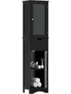 Tall black floor storage cabinet with 2 doors and 1 drawer, featuring adjustable shelves for bathroom organization.