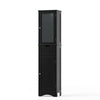 Tall black floor storage cabinet showcasing a slim profile, with a frosted glass door and adjustable inner shelves for.