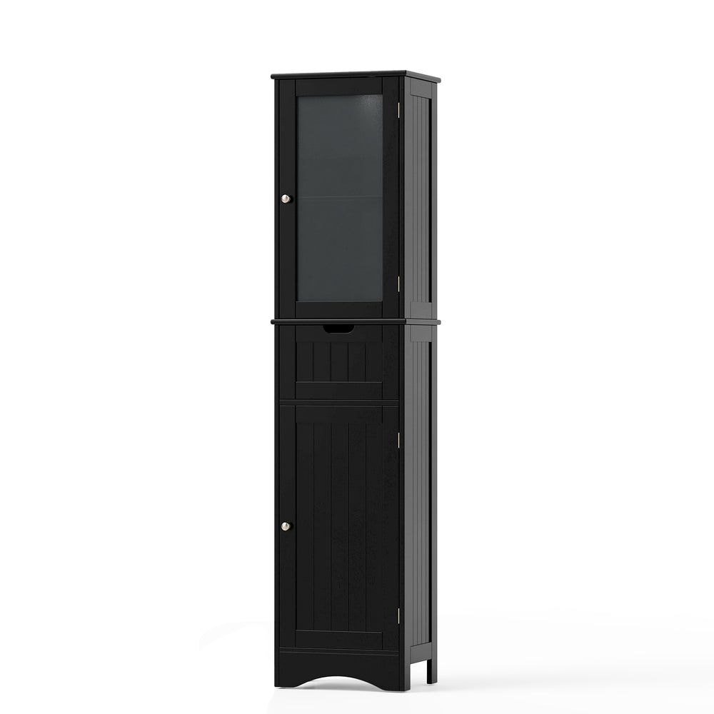 Tall black floor storage cabinet showcasing a slim profile, with a frosted glass door and adjustable inner shelves for.