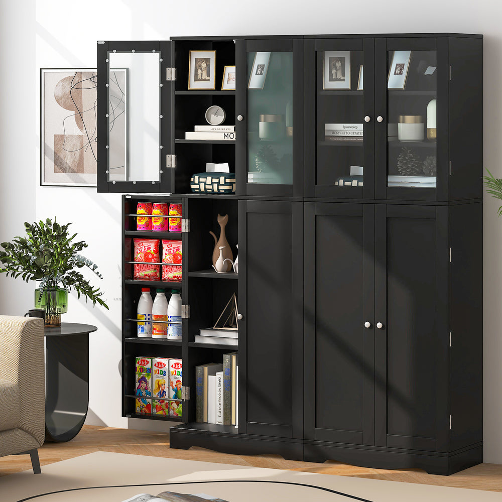 Tall black kitchen pantry cabinet with dual tempered glass doors and shelves, ideal for organized storage in any room.