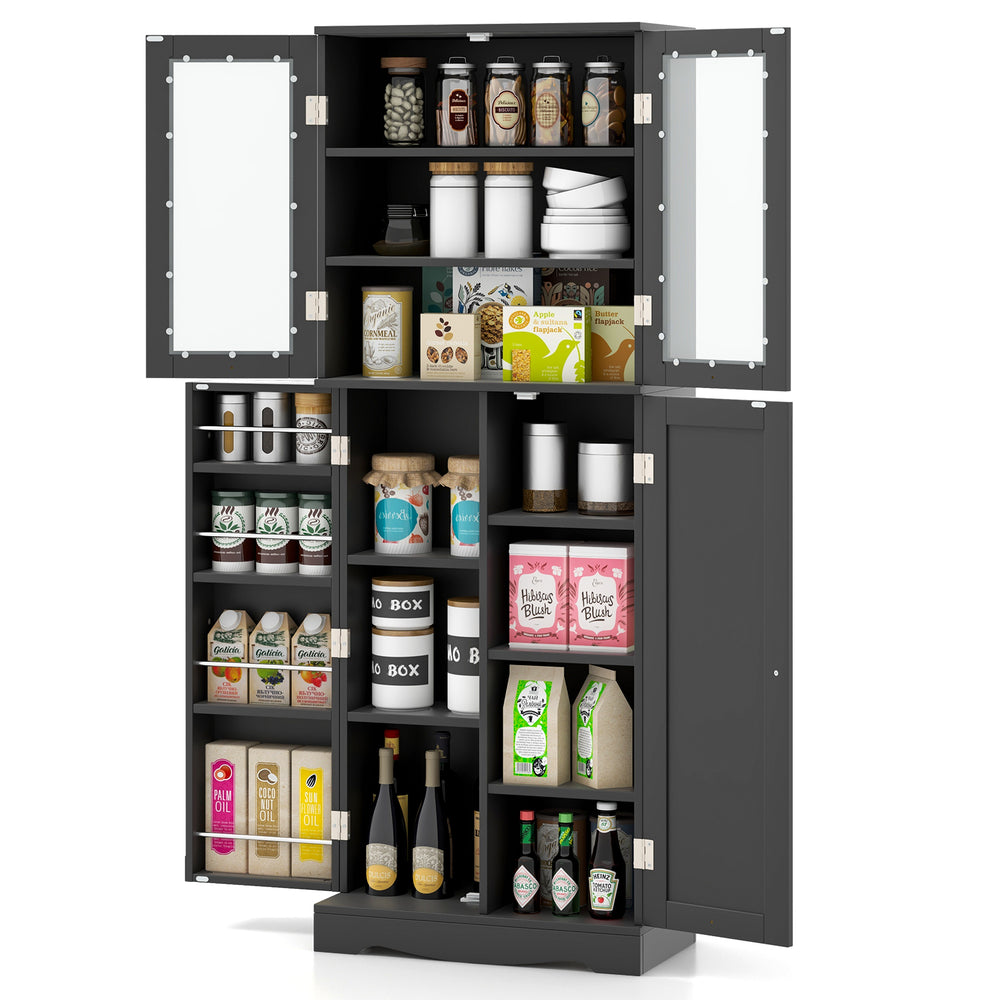 Tall kitchen pantry cabinet in black with dual tempered glass doors, featuring ample storage and a modern design for.