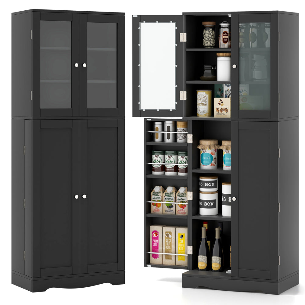 Tall black kitchen pantry cabinet with dual tempered glass doors, shelves, and ample storage for home organization.