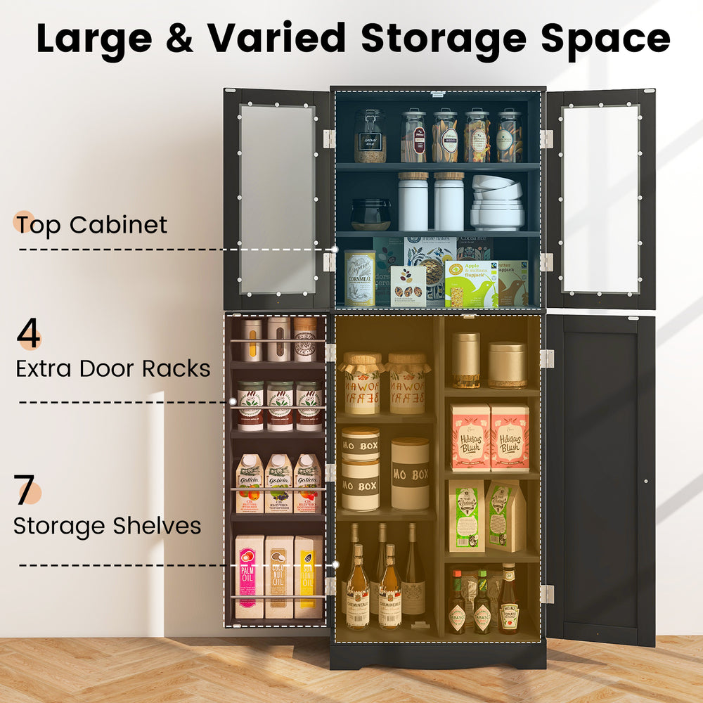 Tall kitchen pantry cabinet in black with dual tempered glass doors, featuring 4 door racks and 7 storage shelves for.
