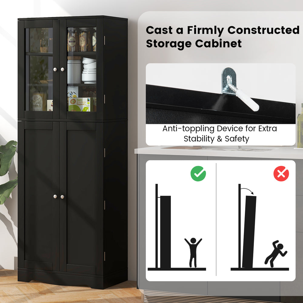 Tall black kitchen pantry cabinet with dual tempered glass doors and shelves, featuring an anti-toppling device for.