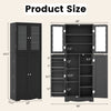 Tall kitchen pantry cabinet in black with dual tempered glass doors, featuring multiple shelves and a modern design.