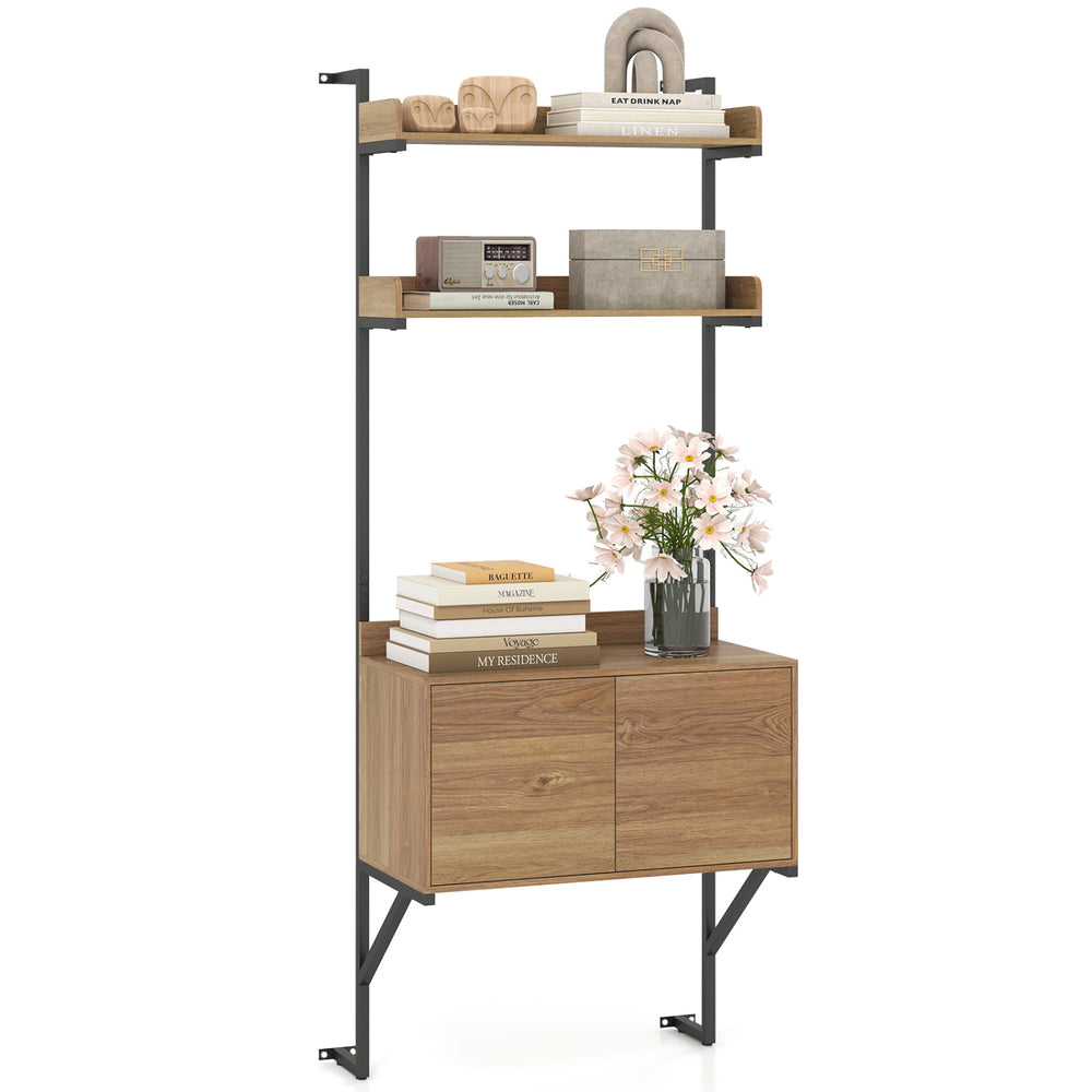 Tall ladder shelf with natural wood accents, showcasing a wide countertop and stylish decor for versatile storage.