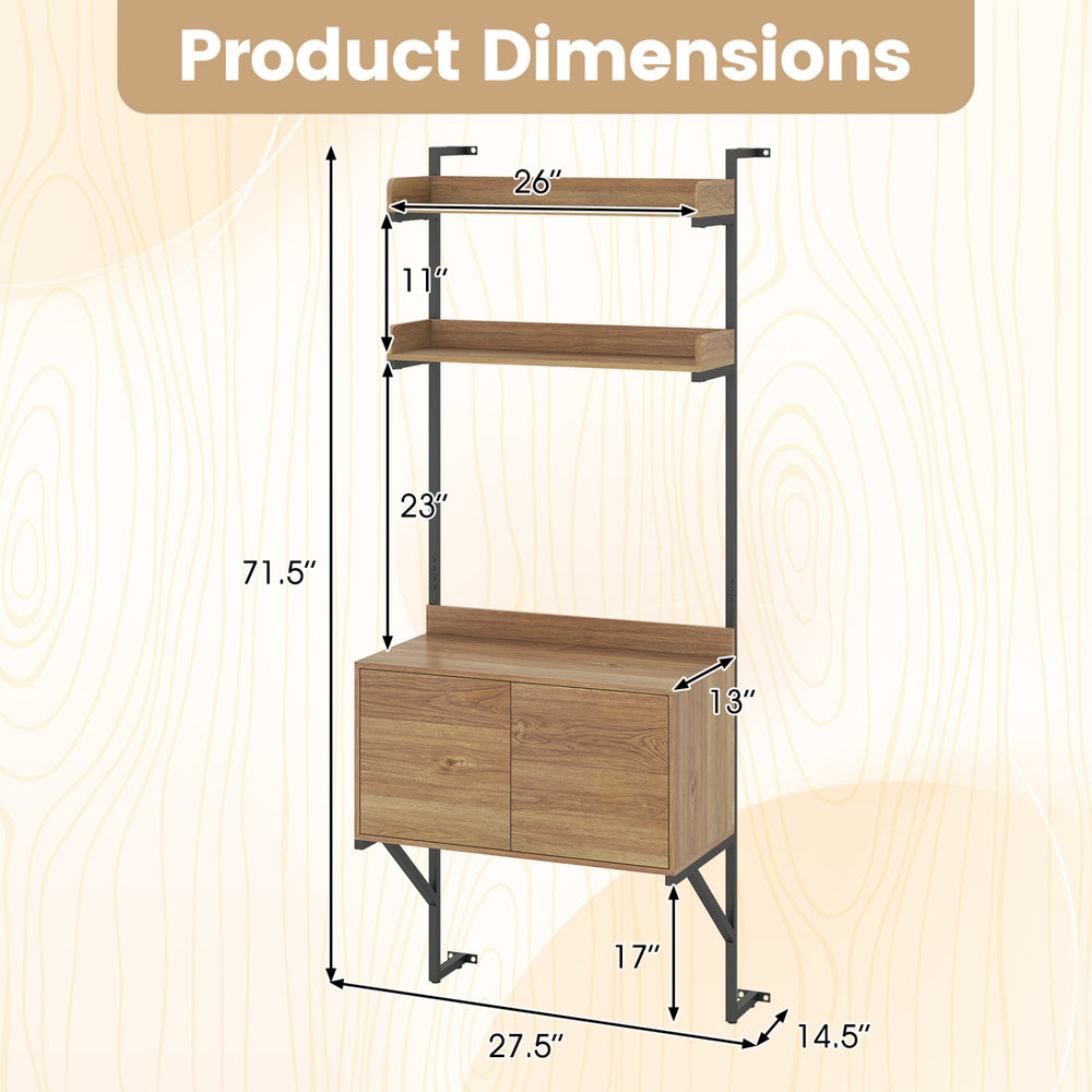 Tall ladder shelf with storage cabinet dimensions, featuring a natural wood finish and robust metal frame for wall.