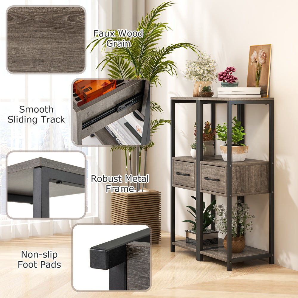 3-tier gray metal plant stand with faux wood grain, slide-out drawer, and non-slip foot pads for versatile storage.