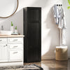 Tall black storage cabinet with 4 shelves, featuring a narrow design for space-saving in bathrooms or living rooms.
