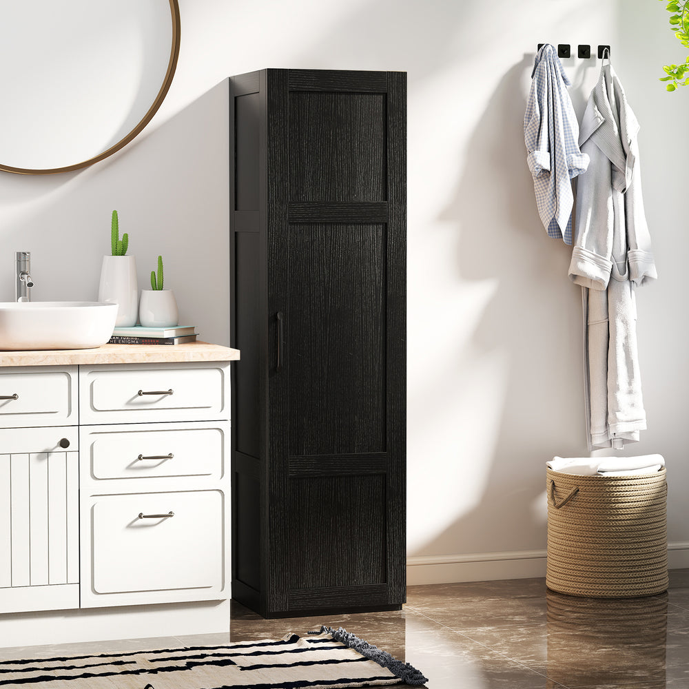 Tall black storage cabinet with 4 shelves, featuring a narrow design for space-saving in bathrooms or living rooms.