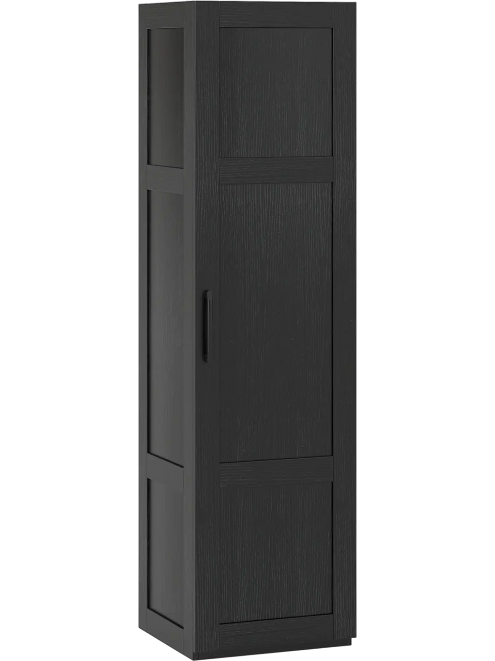 Tall black storage cabinet with 4 shelves, designed for bathrooms or living rooms, featuring a narrow shape for.