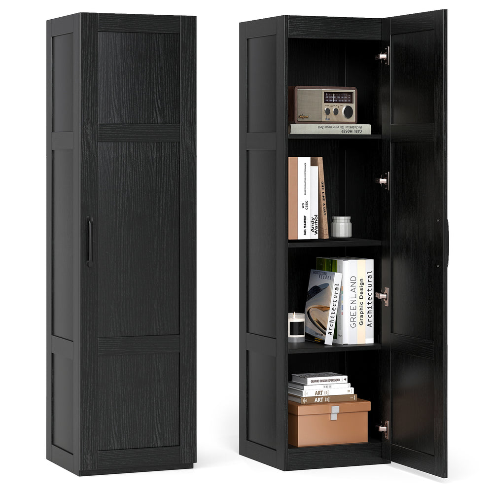 Tall black storage cabinet with 4 shelves, ideal for bathroom or living room, featuring anti-tip kits and elegant.