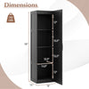 Tall black storage cabinet with 4 shelves, dimensions 59”x15”x16”, ideal for bathroom or living room organization.