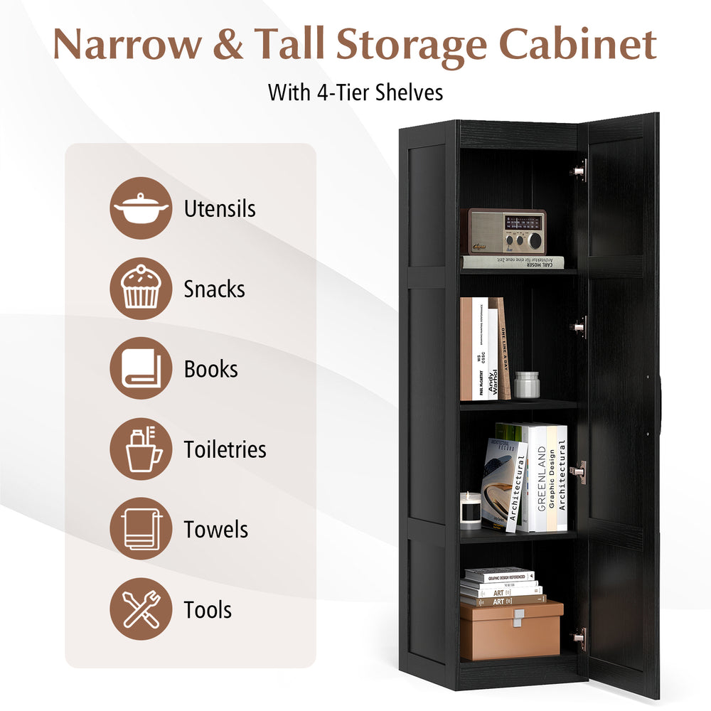 Tall black storage cabinet with 4 shelves, ideal for organizing bathroom or living room essentials in narrow spaces.
