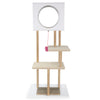 Tall wood cat tower with two corrugated cardboard platforms, featuring a cozy condo and interactive dangling balls for.