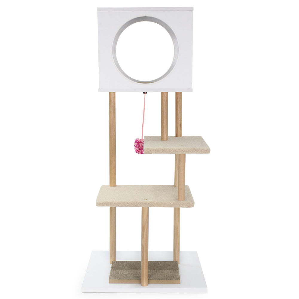 Tall wood cat tower with two corrugated cardboard platforms, featuring a cozy condo and interactive dangling balls for.