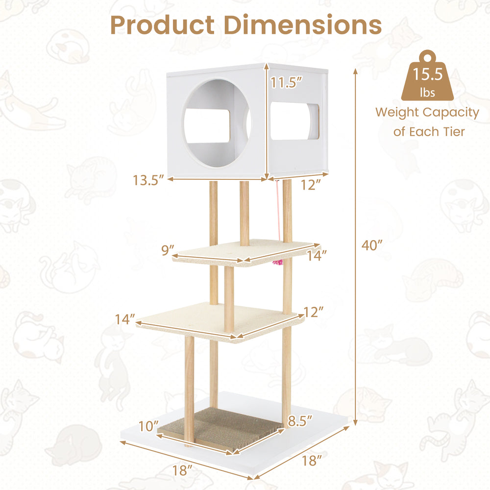 Multi-level tall wood cat tower in white with corrugated cardboard, featuring a condo and platforms for jumping and.