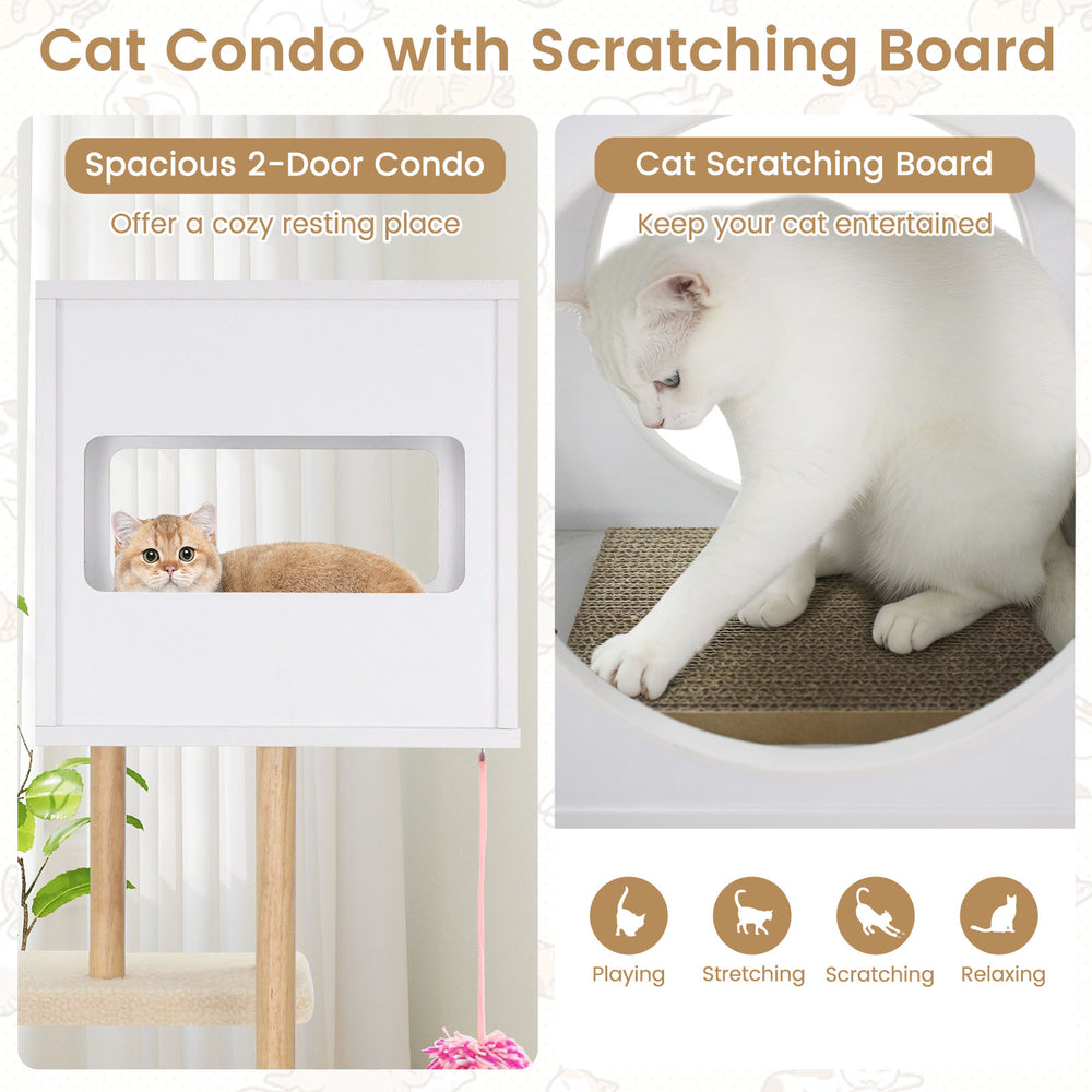 Tall wood cat tower featuring a spacious 2-door condo and corrugated scratching board for playful relaxation.