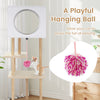 Tall wood cat tower featuring a playful hanging ball, designed for scratching, jumping, and interactive fun.