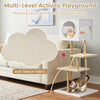 Multi-level cat tower with white wood, soft fleece fabric, and two corrugated cardboard scratchers for playful comfort.