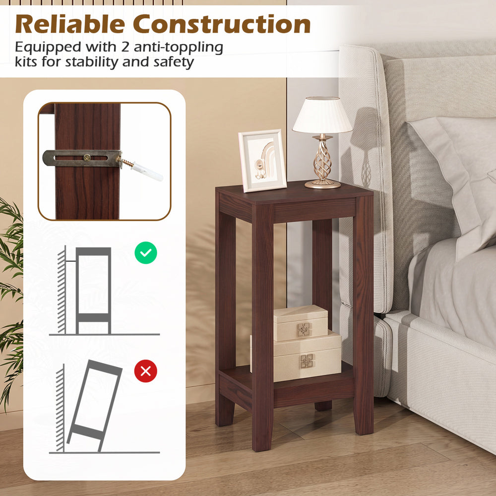 Tall wooden sofa end table in dark color with bottom shelf for organization, ideal for living room or dorm use.