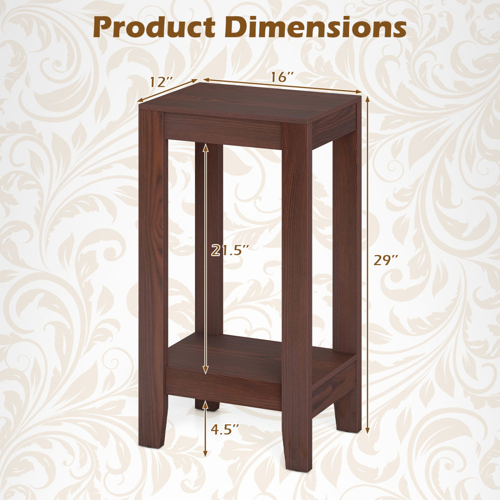 Tall wooden sofa end table with a dark finish, featuring a bottom shelf for storage, ideal for living room organization.