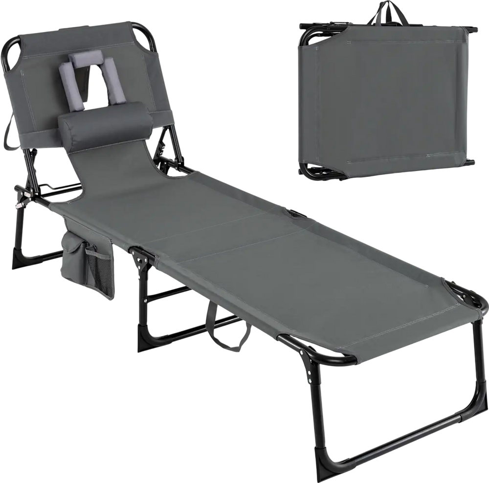 Folding tanning chair in gray with face and arm holes, adjustable backrest, and storage pockets for outdoor use.