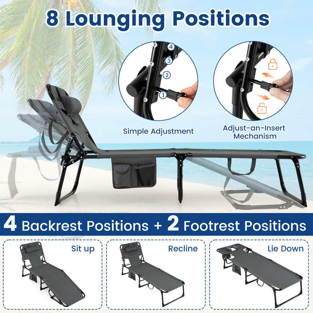 Gray tanning chair with face and arm holes, adjustable backrest, and storage pockets for outdoor relaxation.