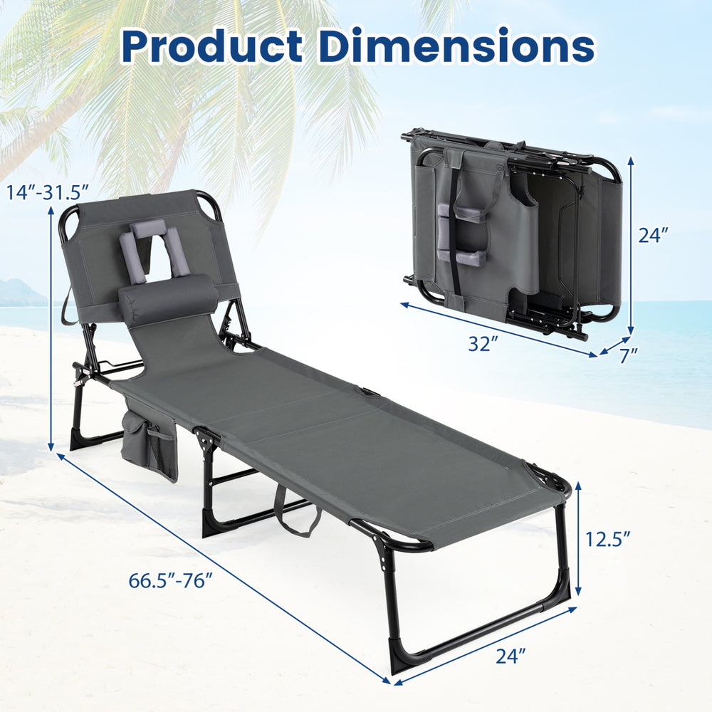 Tanning chair with adjustable backrest, face and arm holes, compact folding design, ideal for outdoor relaxation.