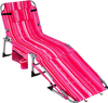 Portable pink striped tanning chair with face hole, adjustable backrest, and side pocket for sunbathing comfort.