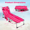 Tanning chair with face arm holes in pink stripe, showing dimensions and foldable design for easy transport and storage.