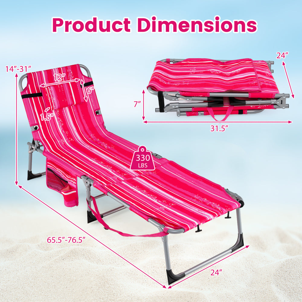 Tanning chair with face arm holes in pink stripe, showing dimensions and foldable design for easy transport and storage.