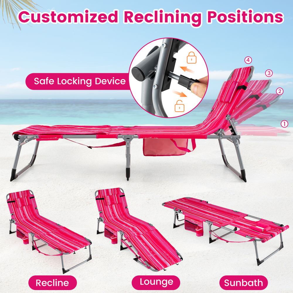 Portable pink strip tanning chair with adjustable backrest, face hole, and arm openings for comfortable sunbathing.
