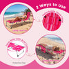 Portable pink strip tanning chair with face hole and arm cutouts, adjustable backrest for sunbathing at the beach.