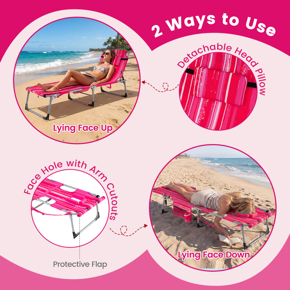 Portable pink strip tanning chair with face hole and arm cutouts, adjustable backrest for sunbathing at the beach.