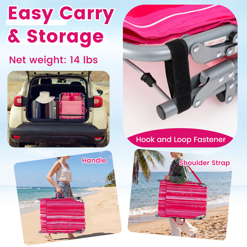 Portable pink strip tanning chair with face hole, adjustable backrest, and shoulder strap for easy transport and.