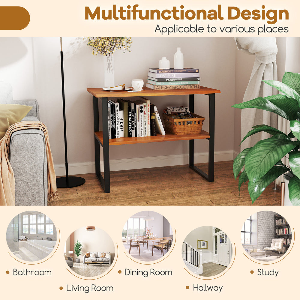 2-tier teak wood end table with open shelves, perfect for living room or hallway, featuring a waterproof surface and.